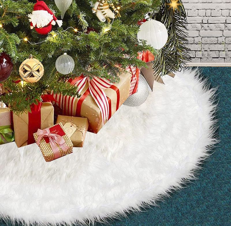 Photo 1 of  48 Inch White Fur Christmas Tree Skirt for Home, Faux Fur Christmas Tree Skirt 2023 White Christmas Decorations Plush Fluffy Faux Fur Tree Skirt Happy New Years Eve Party Supplies Xmas Decor