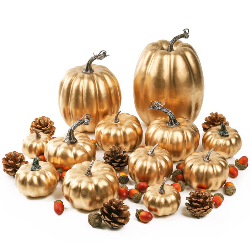 Photo 1 of 12 pcs Assorted Sizes Gold Artificial Pumpkins Faux Foam Autumn Pumpkins with 24 pcs Acorns and 6 pcs Pinecones for Halloween Thanksgiving Table Fall Harvest Home Decorations 12 Pcs Golden Pumpkins