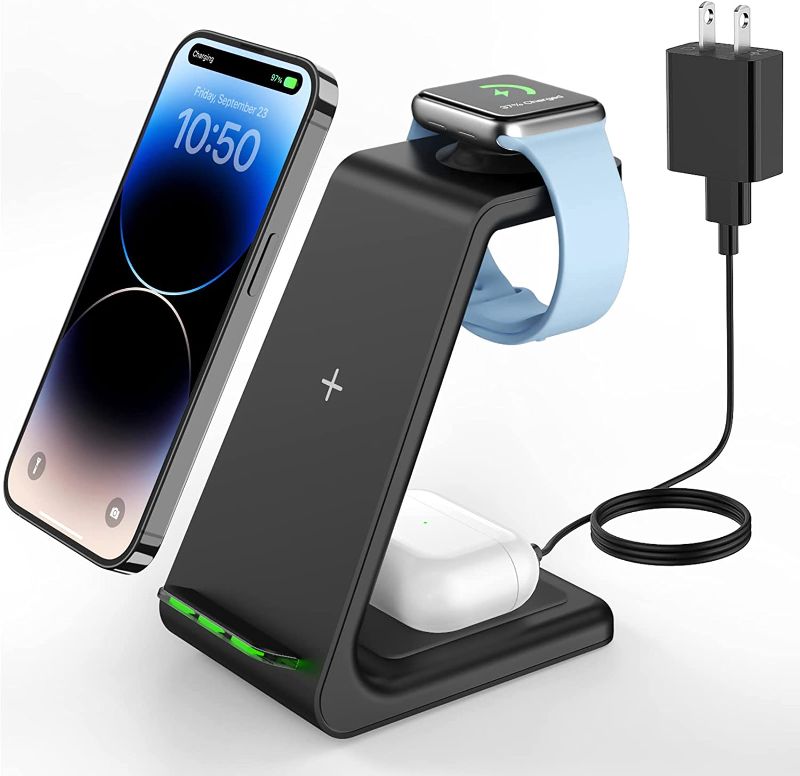 Photo 1 of NO POWER ADAPTER - PLEASE READ ------Wireless Charging Stand, GEEKERA 3 in 1 Wireless Charger Fast Charging Dock Station for Apple Watch 6 SE 5 4 3 2, Airpods 2/Pro, iPhone 12/12 Pro/12 Pro Max/11/11 Pro/X/Xr/Xs/8 Plus, Qi Phones
