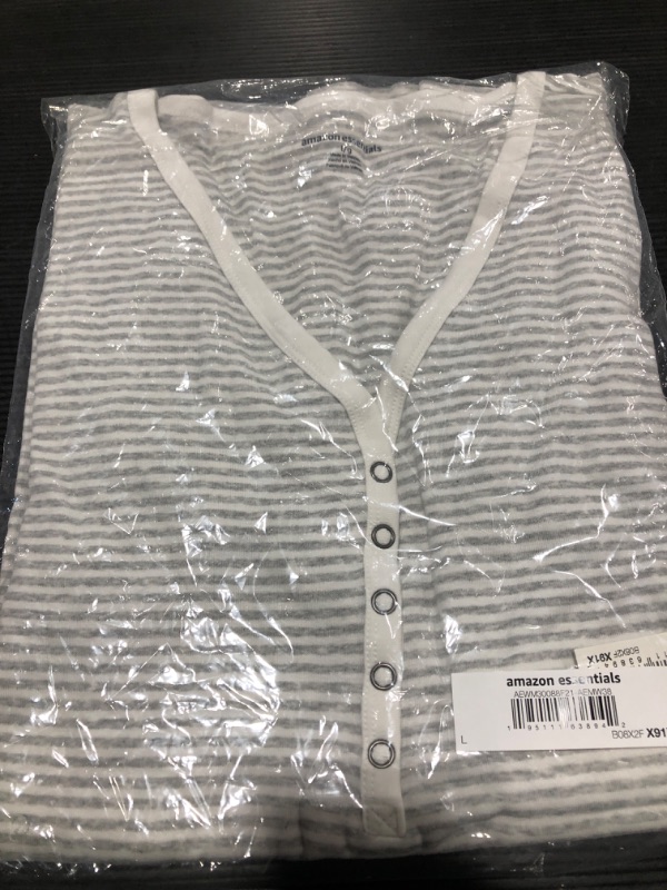 Photo 2 of Amazon Essentials Women's Nursing Slim-Fit Henley Shirt, White/Grey Heather, Mini Stripe, Large
