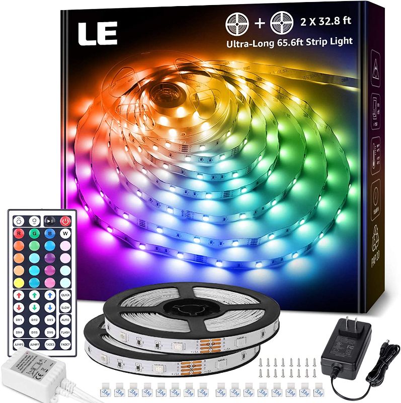 Photo 1 of LE 65.6ft LED Strip Lights, Ultra-Long RGB 5050 LED Strips with Remote Controller and Fixing Clips, Color Changing Tape Light with 12V ETL Listed Adapter for Bedroom, Kitchen, Room,