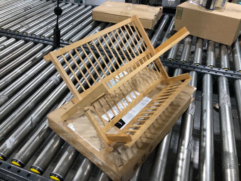 Photo 2 of Amazon Basics Folding 2-Tier Bamboo Dish Drying Rack - Collapsible, Natural Round Bar