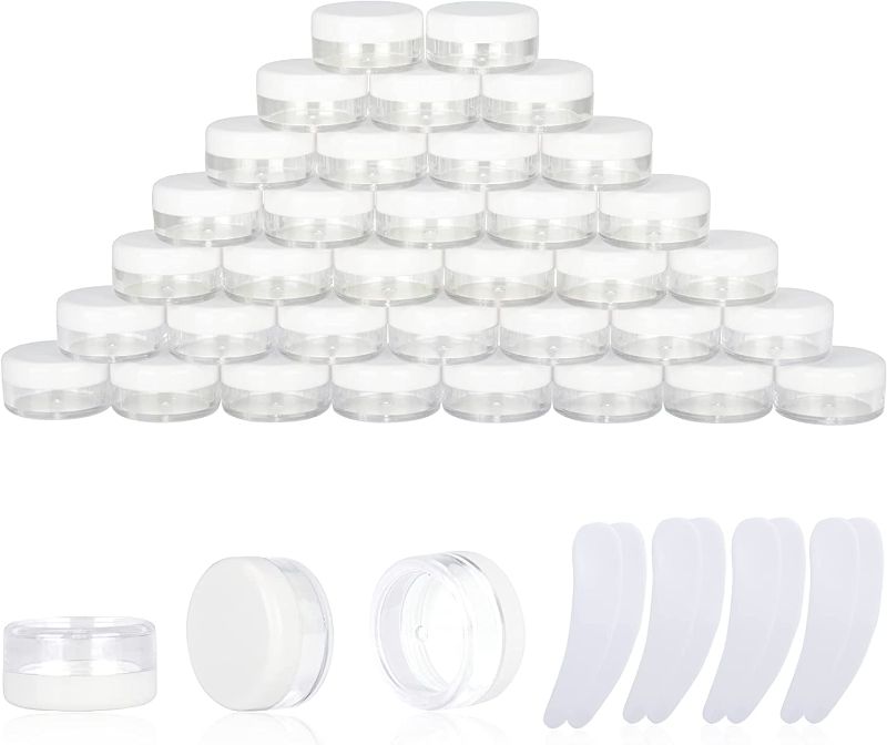 Photo 1 of 100PCS 3 Gram Sample Containers, 3ml Empty Jars with Lids, Small Cosmetic Containers, Mini Sample Jars with 8PCS Mini Spatulas for Make Up, Oils, Lotion, Powder, Paint, Jewelry, Lip Balms(White Lid)
