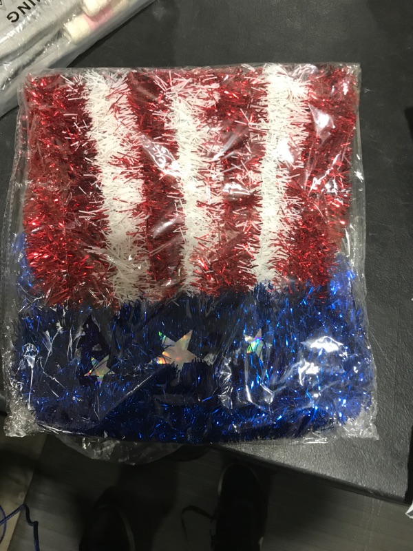 Photo 2 of 4th of July Tinsel Wreath Decorations with Colorful String Light Patriotic Fourth of July Wreath Star Garland Red White Blue Patriotic Decor for Front Door Wall Independence Day
