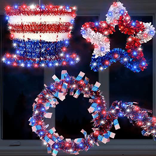 Photo 1 of 4th of July Tinsel Wreath Decorations with Colorful String Light Patriotic Fourth of July Wreath Star Garland Red White Blue Patriotic Decor for Front Door Wall Independence Day
