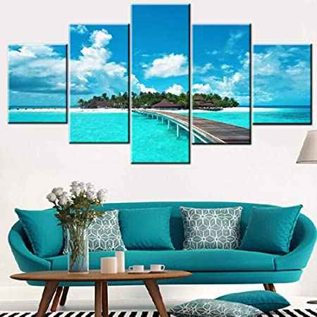 Photo 1 of 5 Piece Canvas Wall Art Tropical Seascape Nature Pictures Maldives Beach Shore Paintings for Living Room Green Palm Artwork HD Prints Home Decor Framed Gallery-Wrapped Ready to Hang(60''Wx32''H)