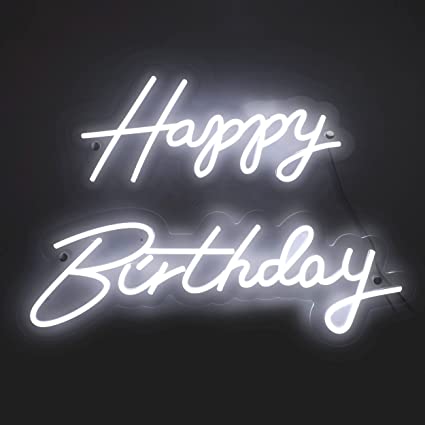 Photo 1 of Neon Happy Birthday Neon Light Sign | 2 Piece Acrylic White LED Neon Signs for Birthday Backdrop | 23” x 8” & 16.5” x 8” Heat Resistant Gift Lights for Party Wall Decor