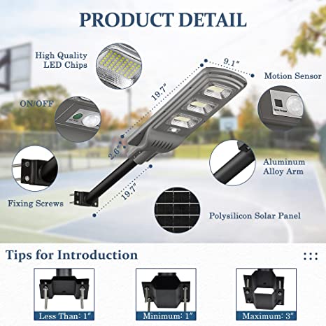 Photo 2 of Lovus 500W LED Solar Street Light, 6000LM Outdoor Solar Panel Street Lights Dusk to Dawn with Motion Sensor for Parking Lot, Court, Garage, Patio, IP65 Waterproof, Wall or Pole Light, ST60-010