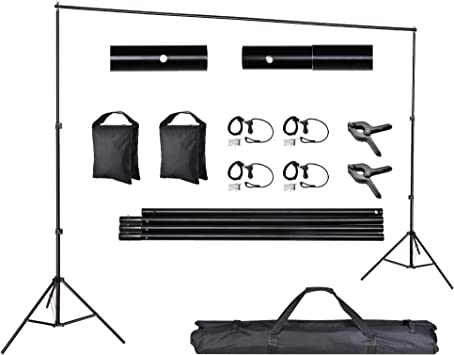 Photo 1 of Backdrop Stand Kit 7 x 10ft Adjustable Background Support System Stand Kit 2 Spring & 4 Clips Carry Bag for Studio Photo Live Stream Party Event
