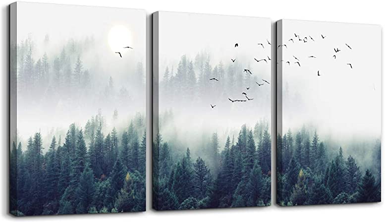 Photo 1 of 3 Piece Canvas Wall Art for Living Room - Misty Forests of Evergreen Coniferous Trees - Modern Home Decor Stretched and Framed Ready to Hang - 16"x24"x3 Panels -Missing hangars on 1 panel.
