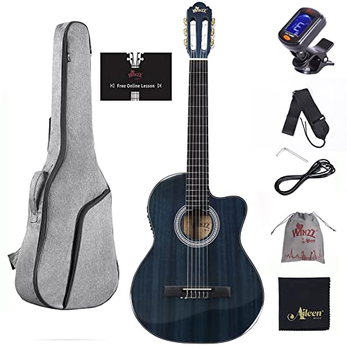 Photo 1 of WINZZ AC309CE 39 Inches Cutaway Nylon-string Classical Electric Guitar Build-in Pickup Kit Set Online Lessons, Blue