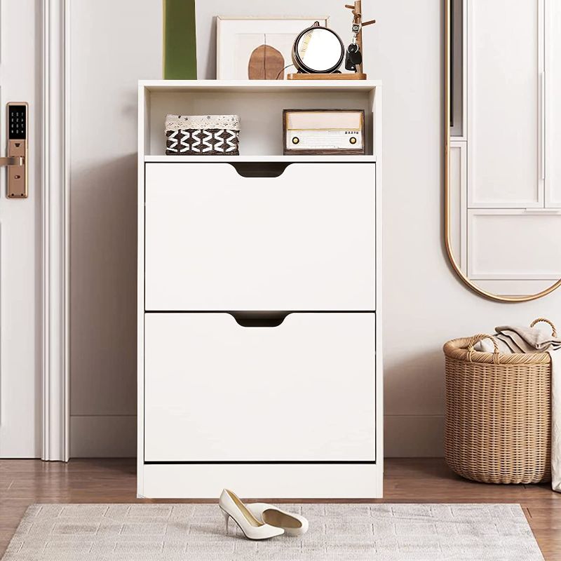 Photo 1 of  Shoe Cabinet, White Narrow Shoe Cabinet with 2 Flip Doors & Adjustable Shelf, Modern Shoe Storage Cabinet for Entryway, White
