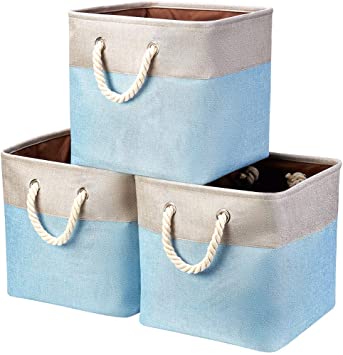 Photo 1 of 3Pack Large Foldable Storage Bins?Collapsible Sturdy Cationic Fabric Storage Basket Cube with Cotton Handles for Organizing Home Office Shelf Nursery Home Closet Toys Khaki-Blue(13"×13"×13")