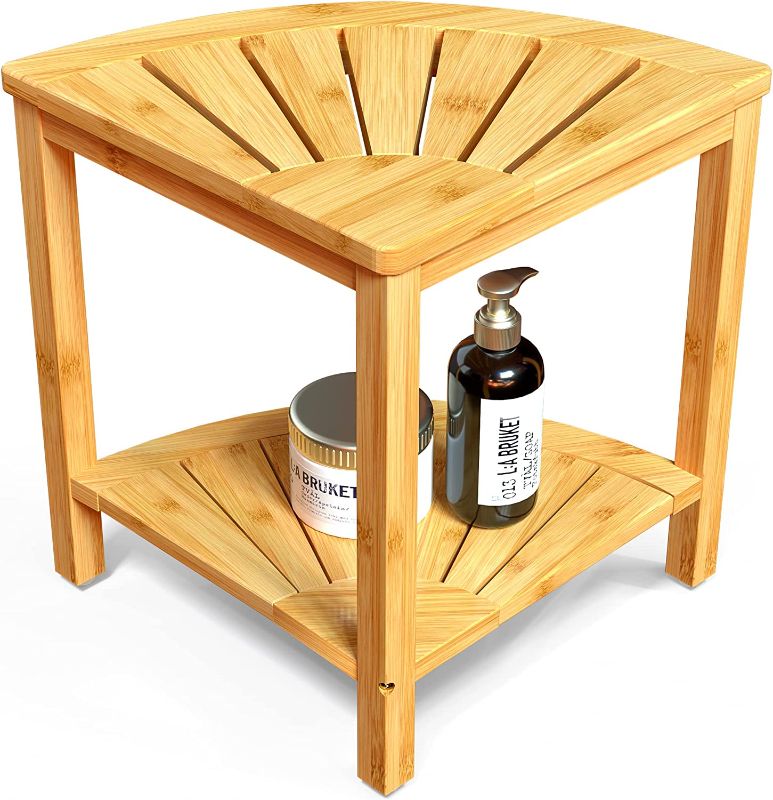 Photo 1 of Zhuoyue Corner Shower Bench & Shower Stool with Storage Shelf, Corner Seat for Shower, Use as Small Corner Table
