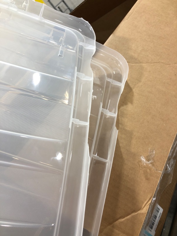 Photo 3 of  USA 72 Qt. Plastic Storage Bin Tote Organizing Container4 Pack, clear with Black Buckle g) 72 Qt. - 4 Pack 3 OUT OF 4 LIDS BROKE ON SIDE 