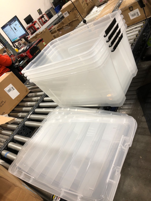 Photo 2 of  USA 72 Qt. Plastic Storage Bin Tote Organizing Container4 Pack, clear with Black Buckle g) 72 Qt. - 4 Pack 3 OUT OF 4 LIDS BROKE ON SIDE 