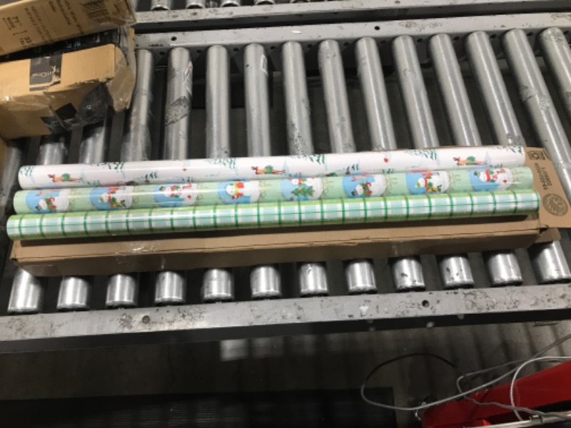 Photo 2 of Hallmark Christmas Wrapping Paper with Cut Lines on Reverse (3 Rolls: 120 sq. ft. ttl) Woodland Storybook Critters, Deer, Snowmen, Mint Green and Teal Blue Plaid