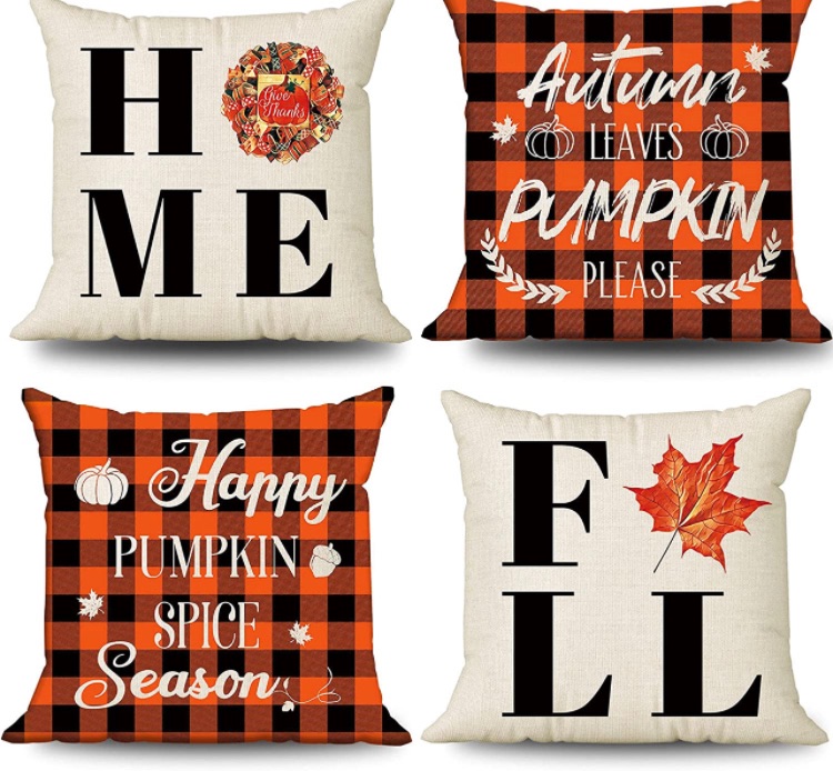 Photo 1 of 4 Pcs Buffalo Check Pillow Covers 18x18, Linen Pumpkin Patch Maple Leaves Farmhouse Throw Pillow Covers, Home Decorations Cushion Cases for Sofa Couch Porch Swing Indoor Outdoor