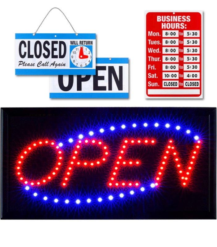 Photo 1 of Ultima LED Neon Open Sign for Business: Lighted Sign Open with Flashing Mode – Indoor Electric Light up Sign for Stores (19 x 10 in, Model 2) Includes Business Hours and Open & Closed Signs