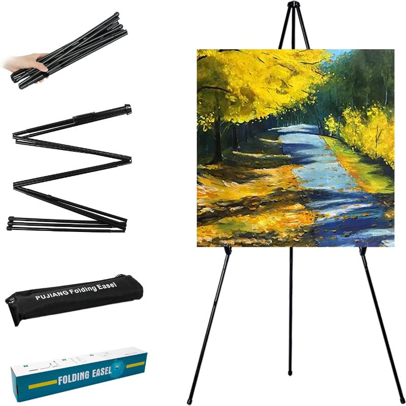 Photo 1 of 63" Tall Display Easel, Folding Instant Poster Easel, Black Steel Metal Telescoping Art Easel for Display Show, Easy Assembly with Carrying Bag (Black, 1Pack)
