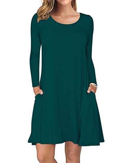 Photo 1 of AUSELILY Women's Pockets Casual Swing T-shirt Dresses ( Size: X-Large, Long sleeve-Dark Green)

