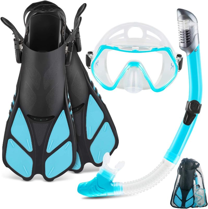 Photo 1 of ZEEPORTE Mask Fin Snorkel Set with Adult Snorkeling Gear, Panoramic View Diving Mask, Trek Fin, Dry Top Snorkel +Travel Bags, Snorkel for Lap Swimming
