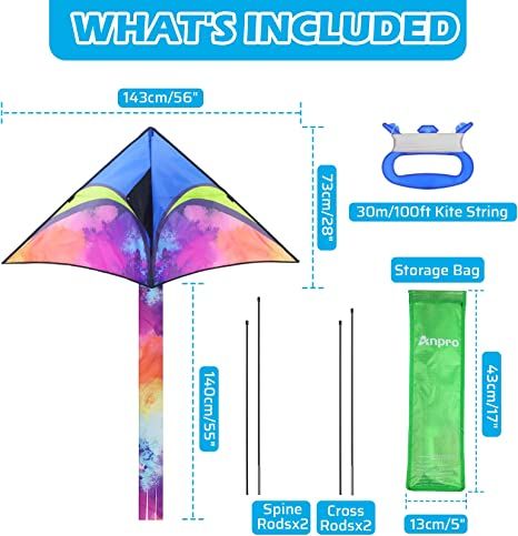 Photo 2 of Anpro Large Delta Kite for Kids Adults - 56 inch Wide and 84 Inch Long– 100 ft String Kites Easy to Fly, Assemble, Launch for Beginners, with Colorful Colors Tail