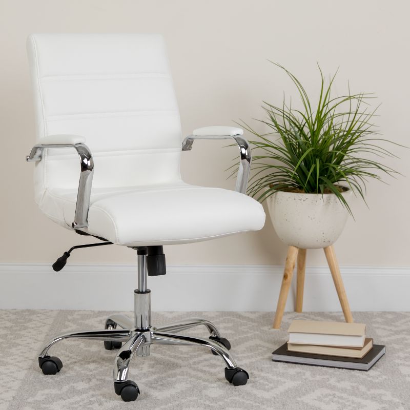 Photo 1 of GO-2286M-WH-GG Mid-Back White Leather Executive Swivel Chair with Chrome Base & Arms