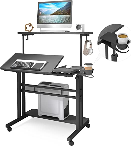 Photo 1 of Panta Mobile Standing Desk, Adjustable Rolling Computer Desk with 3 Desktops, Portable Laptop Table with Desk Cup Holder, Home Office Laptop Workstation on Lockable Wheels, Black
SIZE: 21.5"D x 31.5"W x 46.8"H
