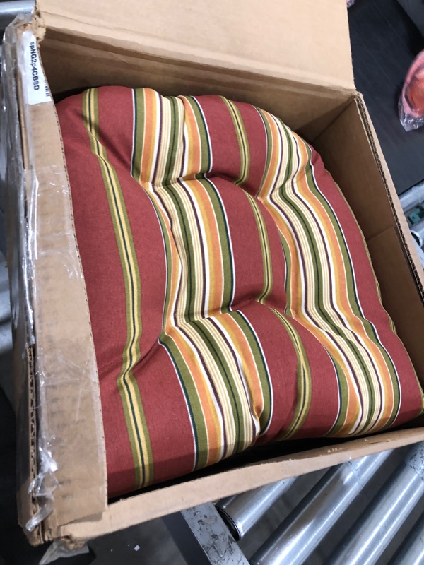 Photo 2 of (2 PACK) Blazing Needles 16-inch Outdoor Rounded Back Chair Cushion, 16" x 16", Kingsley Stripe Ruby 2 Count