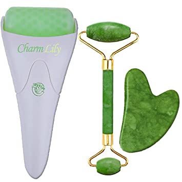 Photo 1 of Jade & Ice Roller + Gua Sha Massager Tool Set for Face & Eyes by Charmlily, Puffiness, Reduce Wrinkle Aging, Migraine, Pain Relief on Neck & Body, Cold Facial Original Natural Stone - 3 in 1