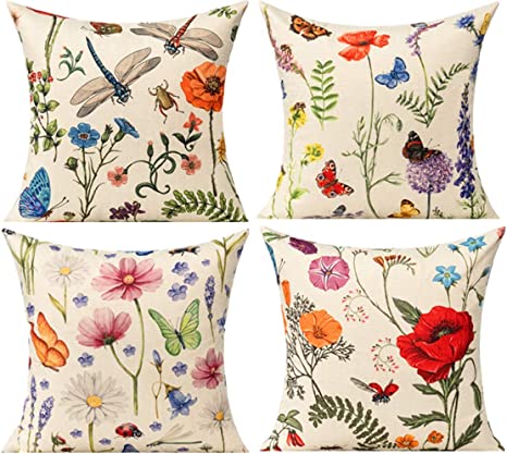 Photo 1 of All Smiles Outdoor Patio Throw Pillow Covers Summer Spring Garden Flowers Farmhouse Décor Outside Furniture Swing Seat Bench Chair Decorative Cushion Cases 18x18 Set of 4 for Deep Seat Bed Couch Sofa