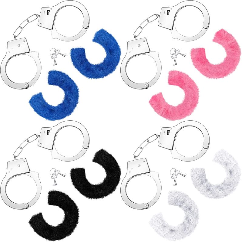 Photo 1 of 4 Pairs Fluffy Soft Handcuffs Fluffy Wrist Plush Handcuffs Keys Toy Furry Hand Cuffs Fuzzy Handcuffs for Police Costume Prop Accessories Halloween Cosplay Party, 4 Colors