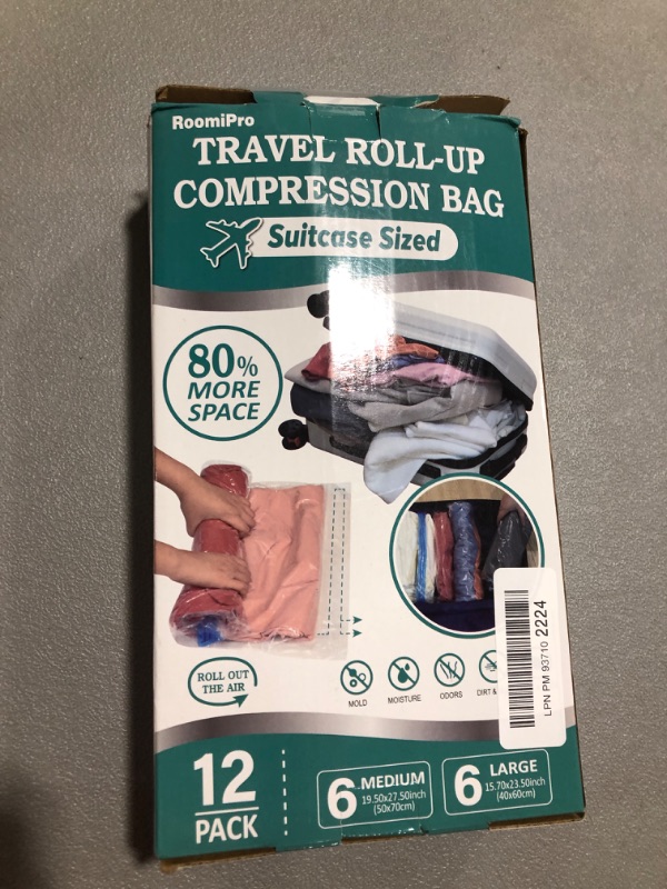 Photo 2 of 12 Compression Bags for Travel, Roll Up Space Saver Bags for Travel, Saves 80% of Storage Space, Travel Compression Bags for Packing & Clothes, No Pump or Vacuum Needed 12 Travel