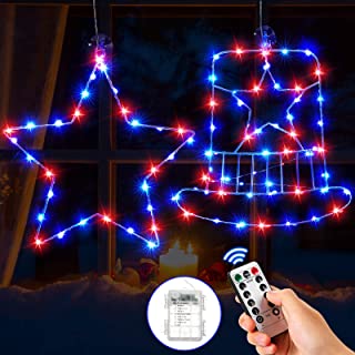 Photo 1 of 2 Pack 12 Inch 4th of July Lights Decorations Patriotic Red and White Blue Window Lights with Timer 8 Light Mode Remote Hook Star American Flag Hat Hanging Memorial Day Independence Day Decor
