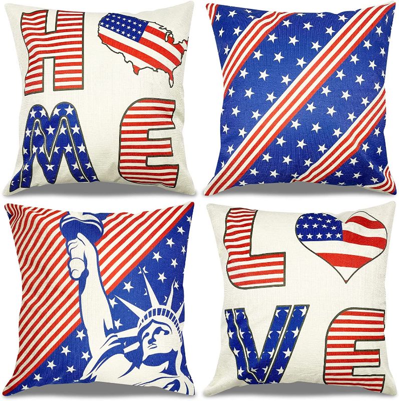 Photo 1 of 4th of July Decorations Pillow Covers 18x18 Set of 4 Memorial Day Memorial Day Labor Day Veterans Day American Independence Day Decorations Patriotic Home Farmhouse Decor Throw Pillow Covers
