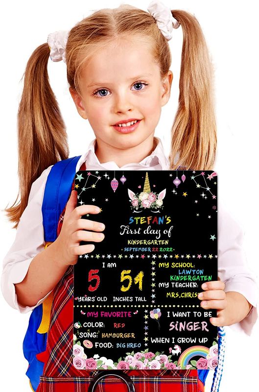 Photo 1 of 3 PACK First Day Last Day of School Board Sign Reusable Wooden Blackboard School Chalkboard 12 x 10 Inch Double Sided Back to School Sign 1st Day Kindergarten School Supplies for Kids (Unicorn)
