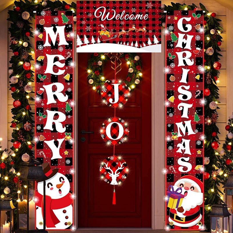 Photo 1 of  Christmas Holiday Door Banner with String Light Red Black Buffalo Plaid Outside Xmas Decorations Welcome Joy Merry Christmas Banner Lights Hanging Winter Porch Decorations Indoor Outdoor Party https://a.co/d/gg97jiA