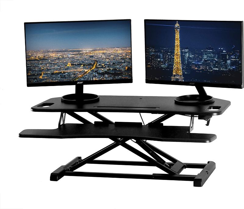 Photo 1 of TechOrbits Height Adjustable Desk-37 Riser-Desktop Sit Stand Fits Cubicles Desks, 37" Corner, Black