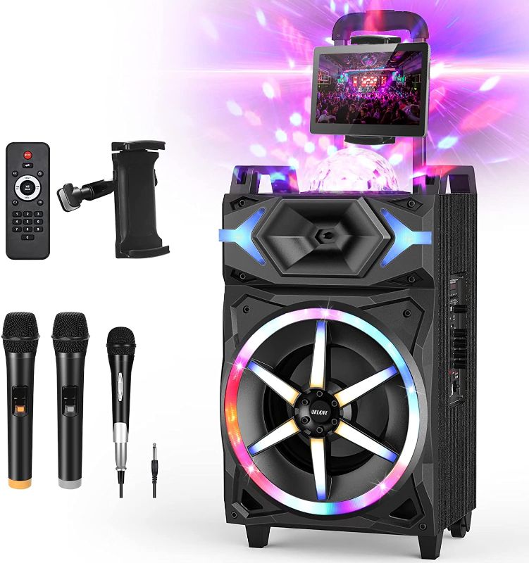 Photo 1 of Karaoke Machine for Adults, 700W Peak Power Bluetooth 5.0 Karaoke System-PA Stereo with 10" Subwoofer, Multi-Function Speaker with 3 Microphones and 1 Stand,Panel Light Ring & Light Ball
