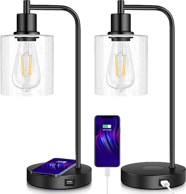 Photo 1 of Set of 2 Wireless Charging Industrial Table Lamp 3-Way Touch Control Dimmable Desk Lamp with USB Port Bedside Lamp with Hanging Seeded Glass Shade for Office Bedroom Living Room, Bulb Included
