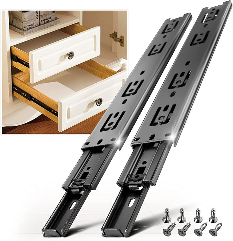 Photo 1 of 1 Pair Full Extension Drawer Slides Rails 8 10 12 14 16 18 20 22 24 Inch 100 LB Load Capacity Side Mount Ball Bearing Metal Dresser Runners File Cabinet Trash Can Slider Kitchen Glides Black
