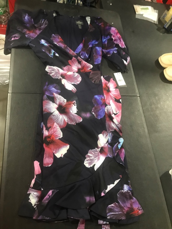 Photo 2 of Adrianna Papell V-Neck Short Sleeve Tie Side Zipper Back Floral Print Crepe Dress-PLUM MULTI
