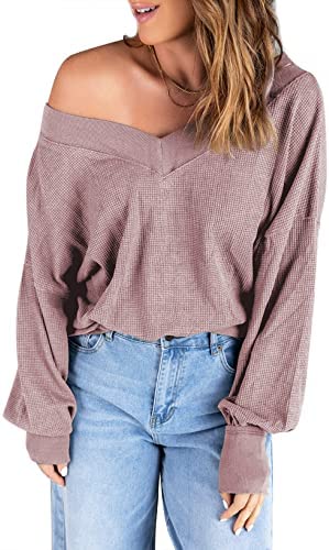 Photo 1 of Aleumdr Women's V Neck Long Sleeve Waffle Knit Sweater Off Shoulder Pullover Jumper Tops SIZE L 