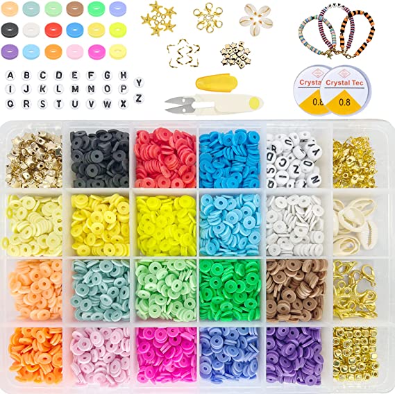 Photo 1 of 4600Pcs Clay Beads for Bracelets Making,Flat Round Polymer Clay Beads for DIY Jewelry Making,Bracelet Making Kit Flat Beads with Pendant 18 Colors 6mm 