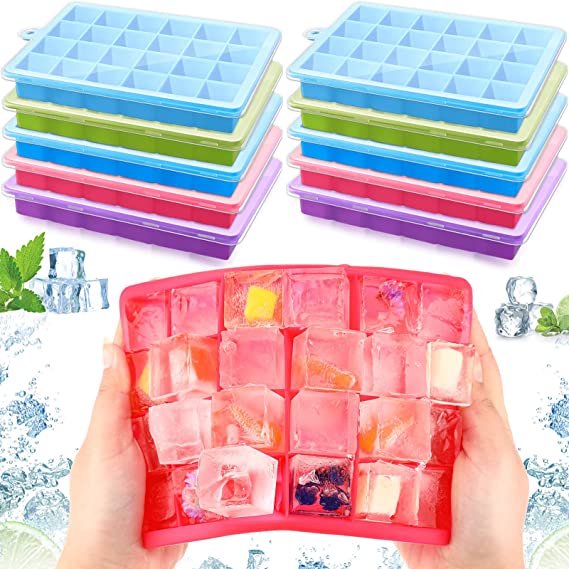 Photo 1 of 10 Pack Ice Cube Trays with Removable Lid, Silicone Ice Tray for Freezer, Easy Release Stackable 24 Ice Cube Trays for Cocktail Whiskey Chocolate Candy 