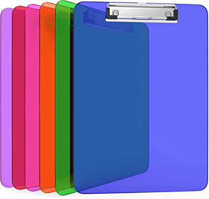 Photo 1 of Kiggos 6 Pack Plastic Clipboards Colored Transparent Clear Clip Boards Low Profile Metal Clip Board 12.5 x 9 Inch Letter Size Bulk Class Set Acrylic Clip Boards with Hanging Hook - Holds 100 Sheets
