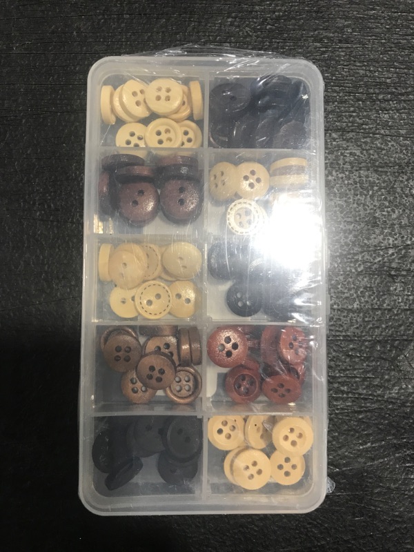 Photo 2 of 100Pcs Wooden Buttons, Round 4 Holes Sewing Buttons, 10 Colors 11mm Mix Color Craft Buttons, for Crafts and Sewing Project, Men Women Children's Shirt Buttons with Storage Box
