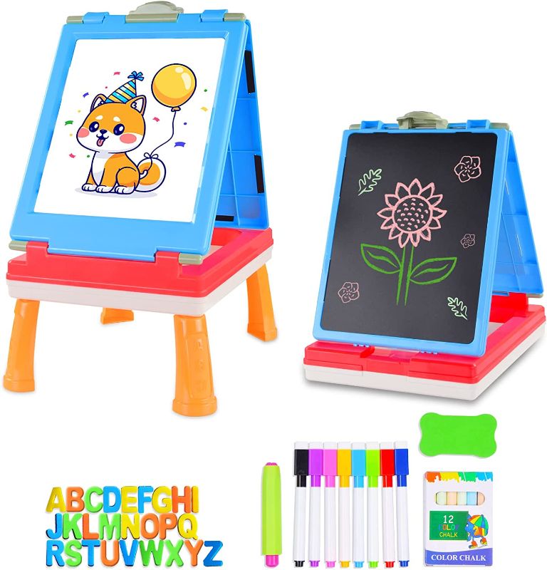 Photo 1 of AyeKu Easel for Kids, 5IN1 Tabletop Standing Easel with Chalkboard and Magnetic White Board Letters Portable Art Easel for Toddlers Kids - Blue
