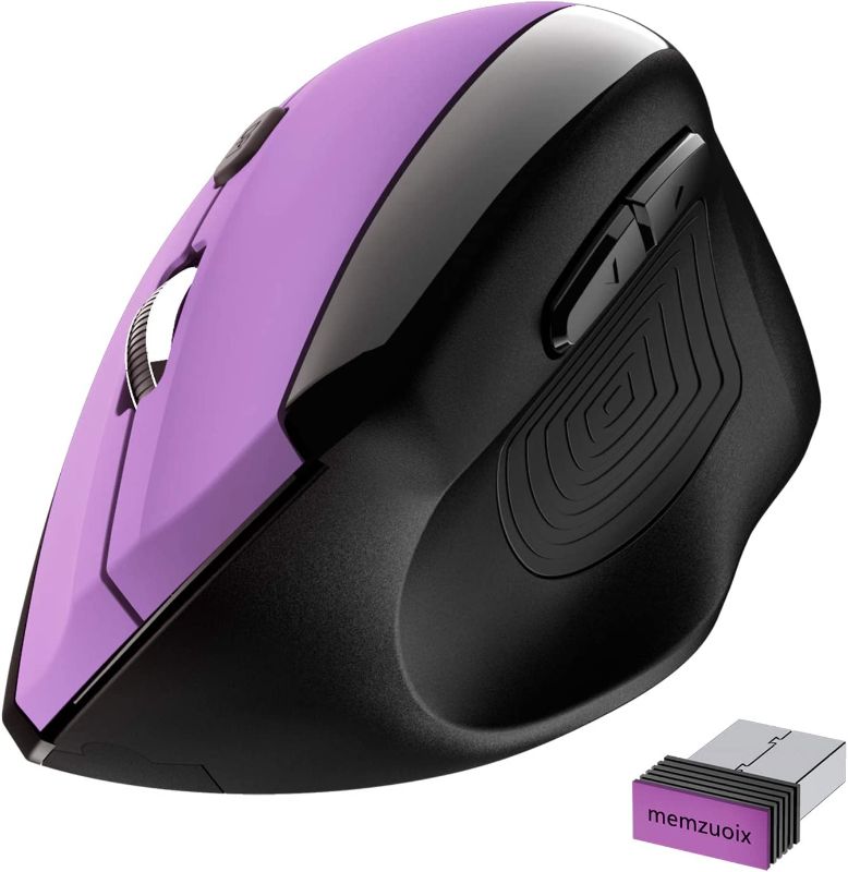 Photo 1 of Memzuoix Ergonomic Mouse Wireless, 2.4G Optical Cordless Mice with 800 / 1200 /1600 DPI, Vertical Computer Wireless Mouse for Laptop, Mac, PC, Desktop (for Right Hand, Large), Purple
